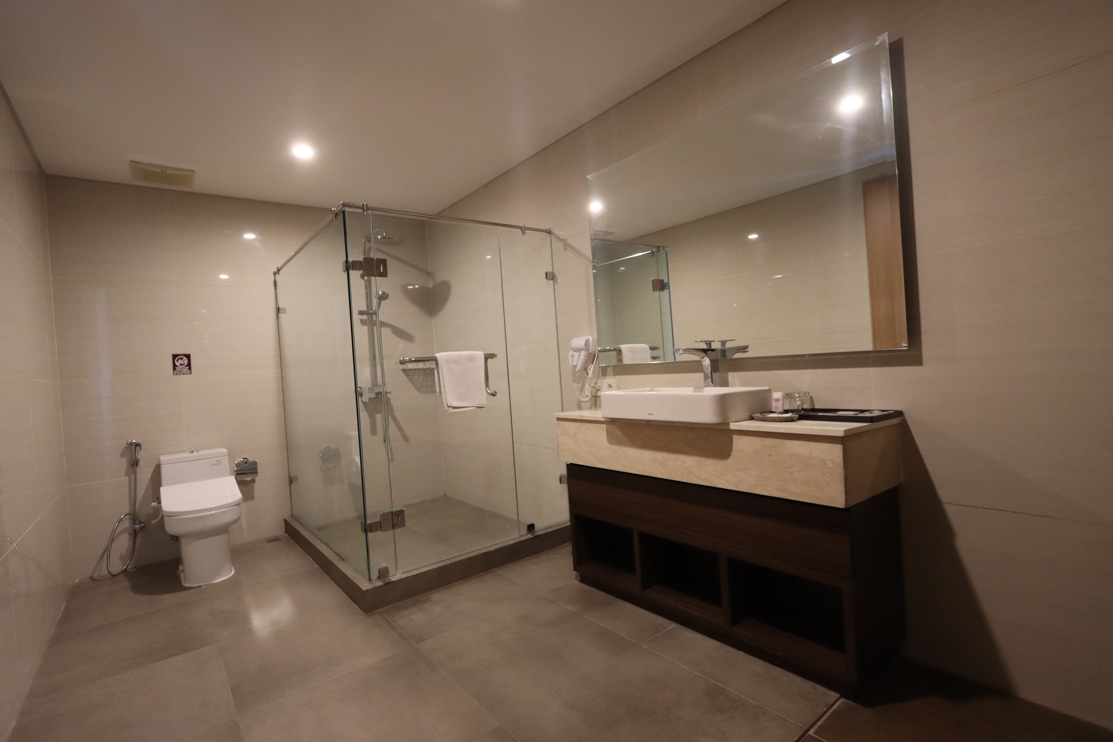 A modern bathroom with a glass-enclosed shower, a toilet, and a sink with a mirror above.