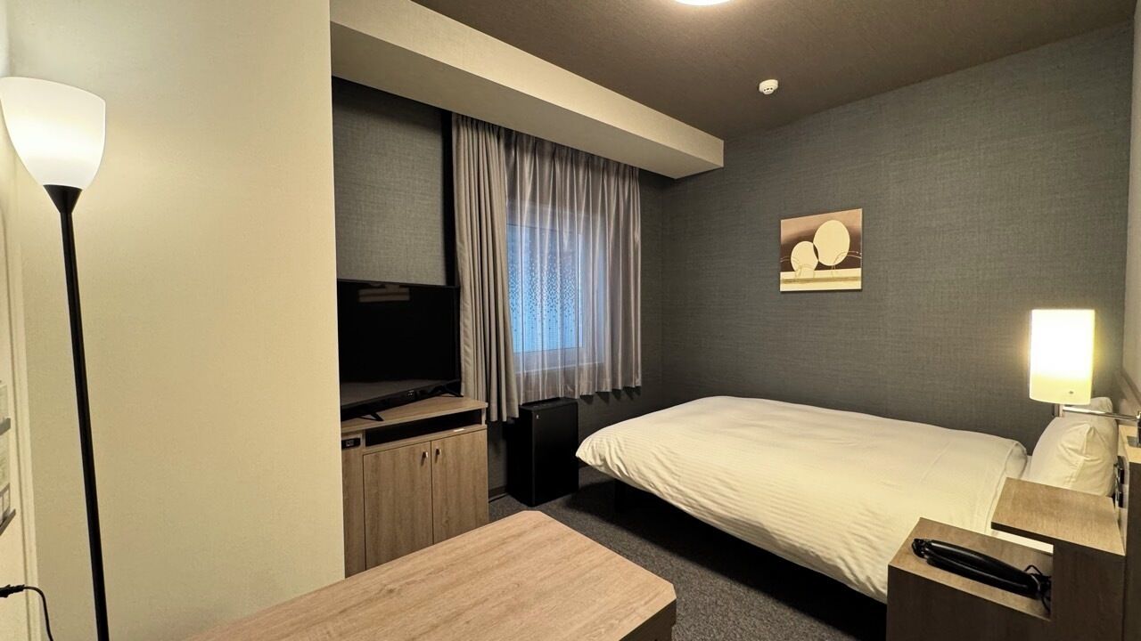 A hotel room with a bed, a desk, a TV, a wardrobe, and a window with curtains.
