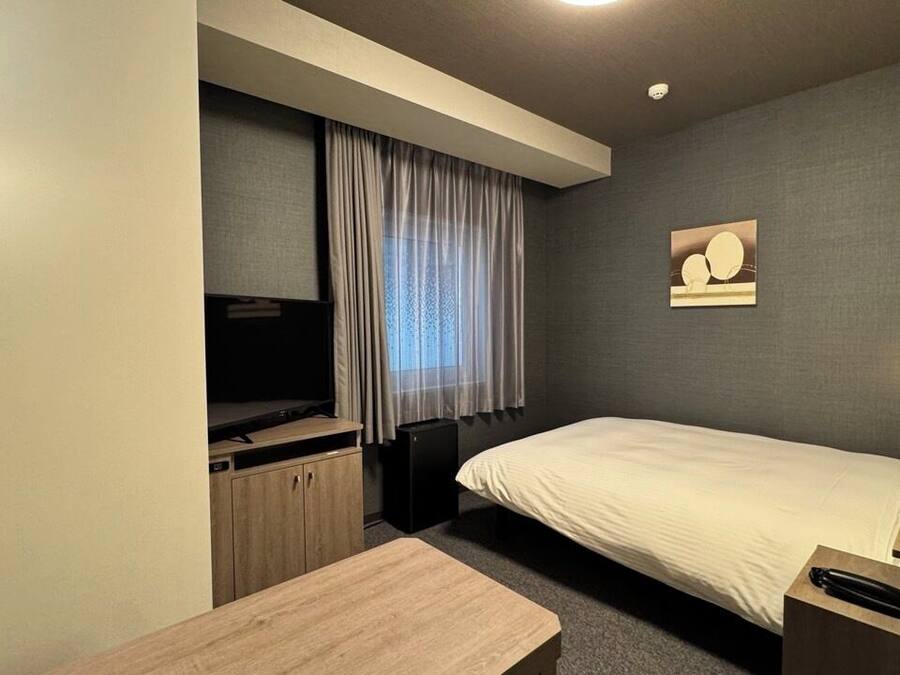 A hotel room with a bed, a desk, a TV, a wardrobe, and a window with curtains.