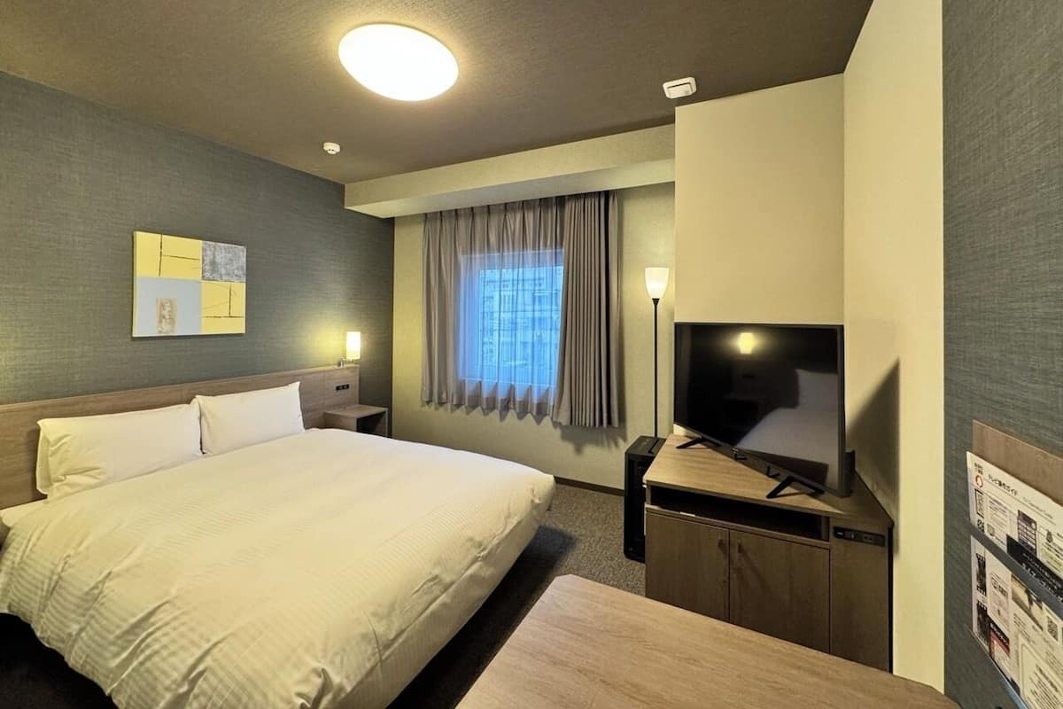 Habitación de hotel con una cama grande, televisión de pantalla plana, escritorio y ventana con cortinas.