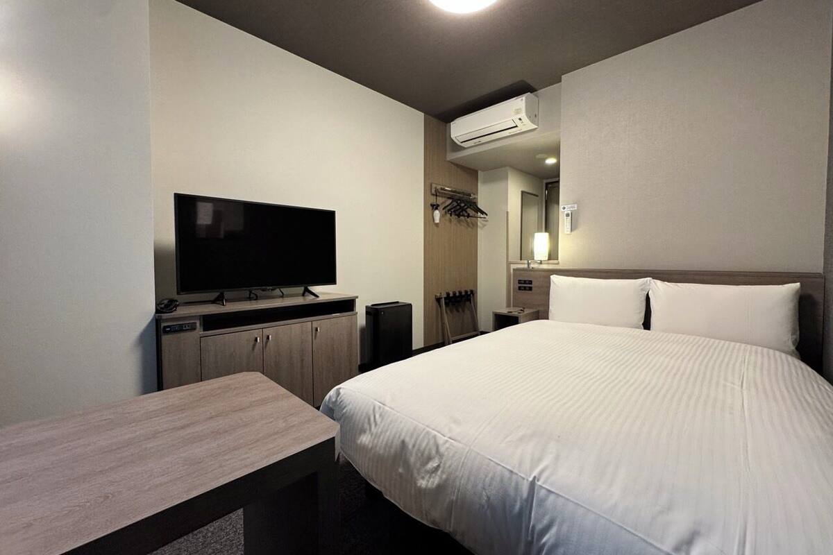 Una habitación de hotel con cama, escritorio, televisión, aire acondicionado y espejo.