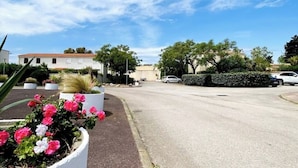 Una calle residencial con casas, un coche blanco y un cantero con flores rosas.