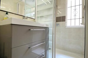 Shower, towels, soap, toilet paper