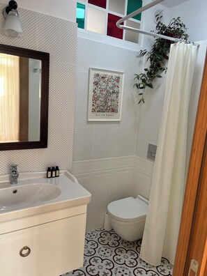 Ducha, secador de pelo, toallas, jabón