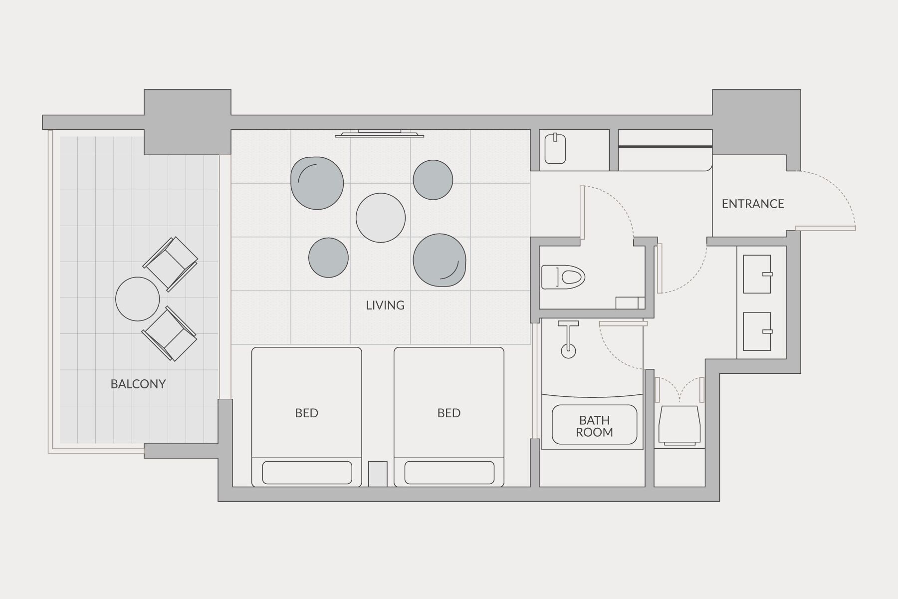 A floor plan of a hotel with a balcony, two bedrooms, a living room with a dining area, a bathroom, and an entrance.