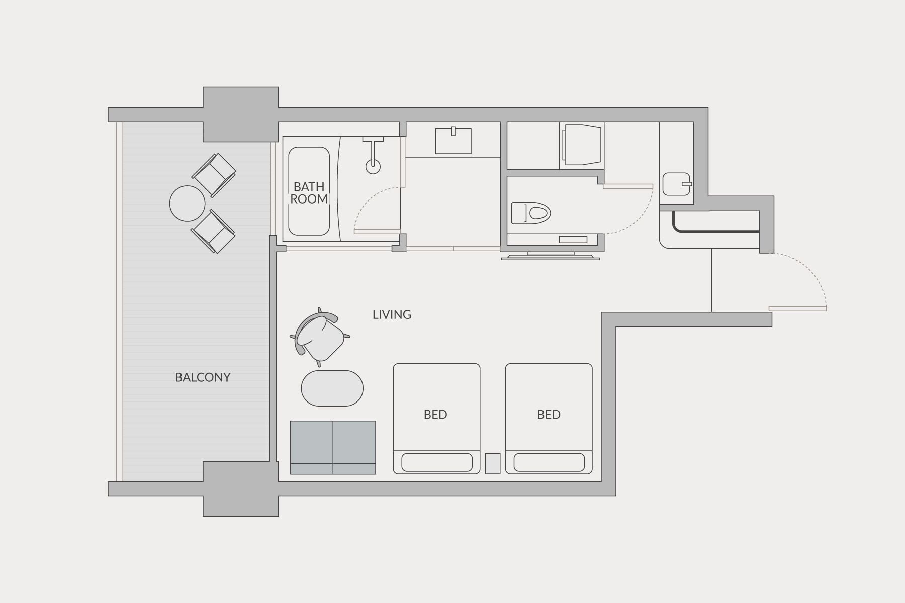 Plano de planta que muestra una sala de estar, dos dormitorios, un baño y un balcón.