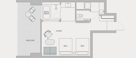 Plano de planta que muestra una sala de estar, dos dormitorios, un baño y un balcón.