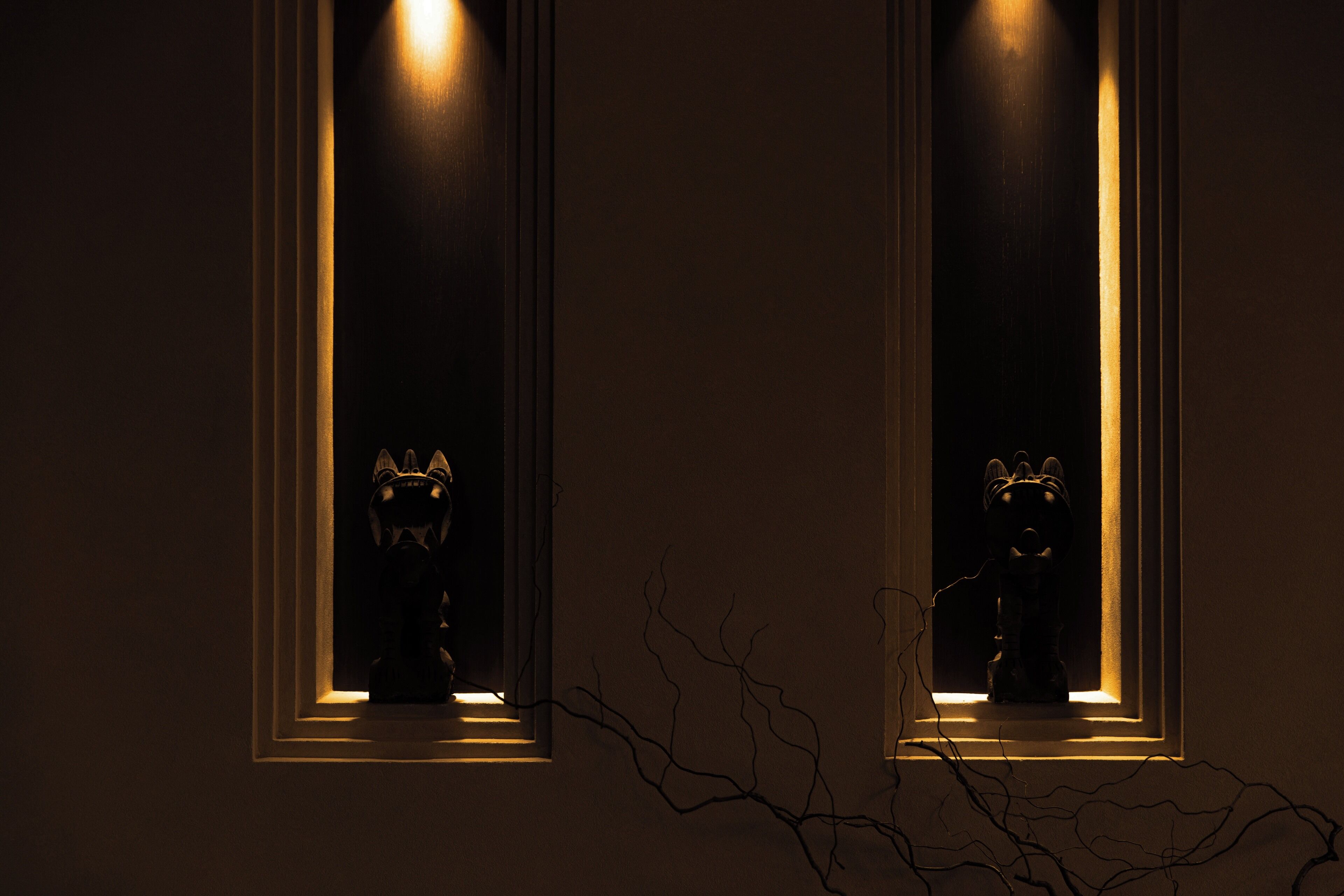 Two windows with a dark interior and a light exterior, each framed by a simple white border.