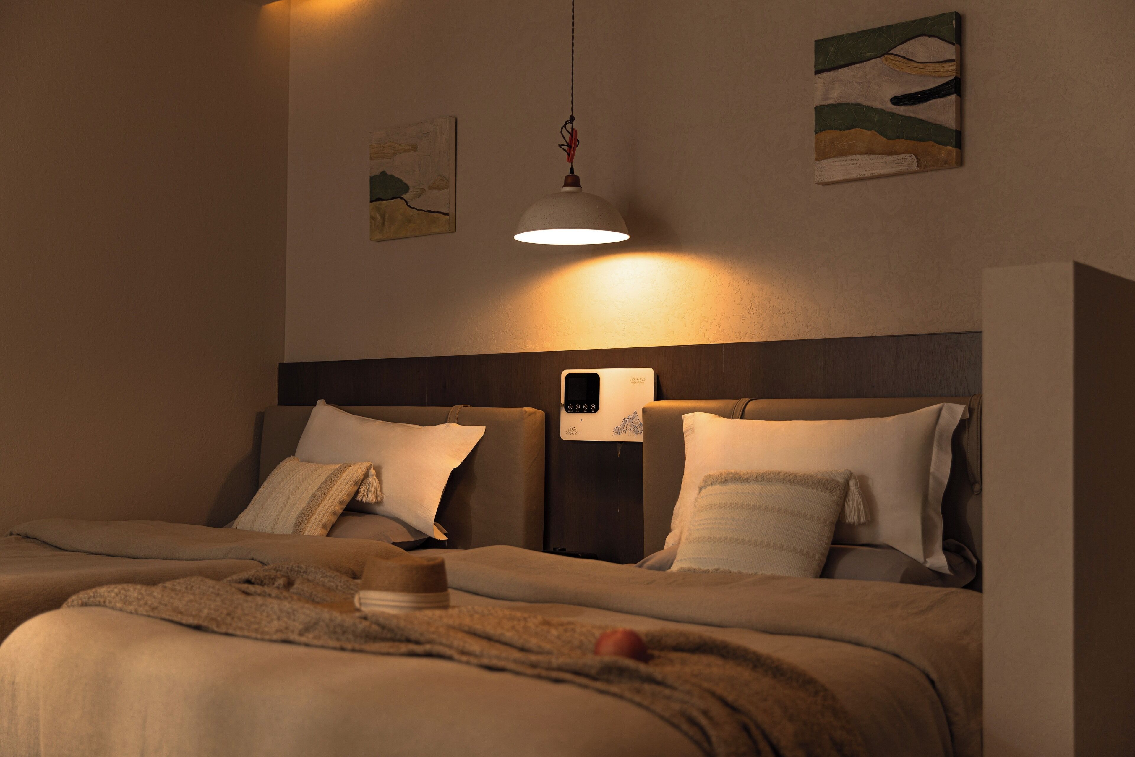 Une chambre d’hôtel équipée d’un lit, de tables de chevet, d’un panneau de commande fixé au mur et décorée avec des œuvres d’art.