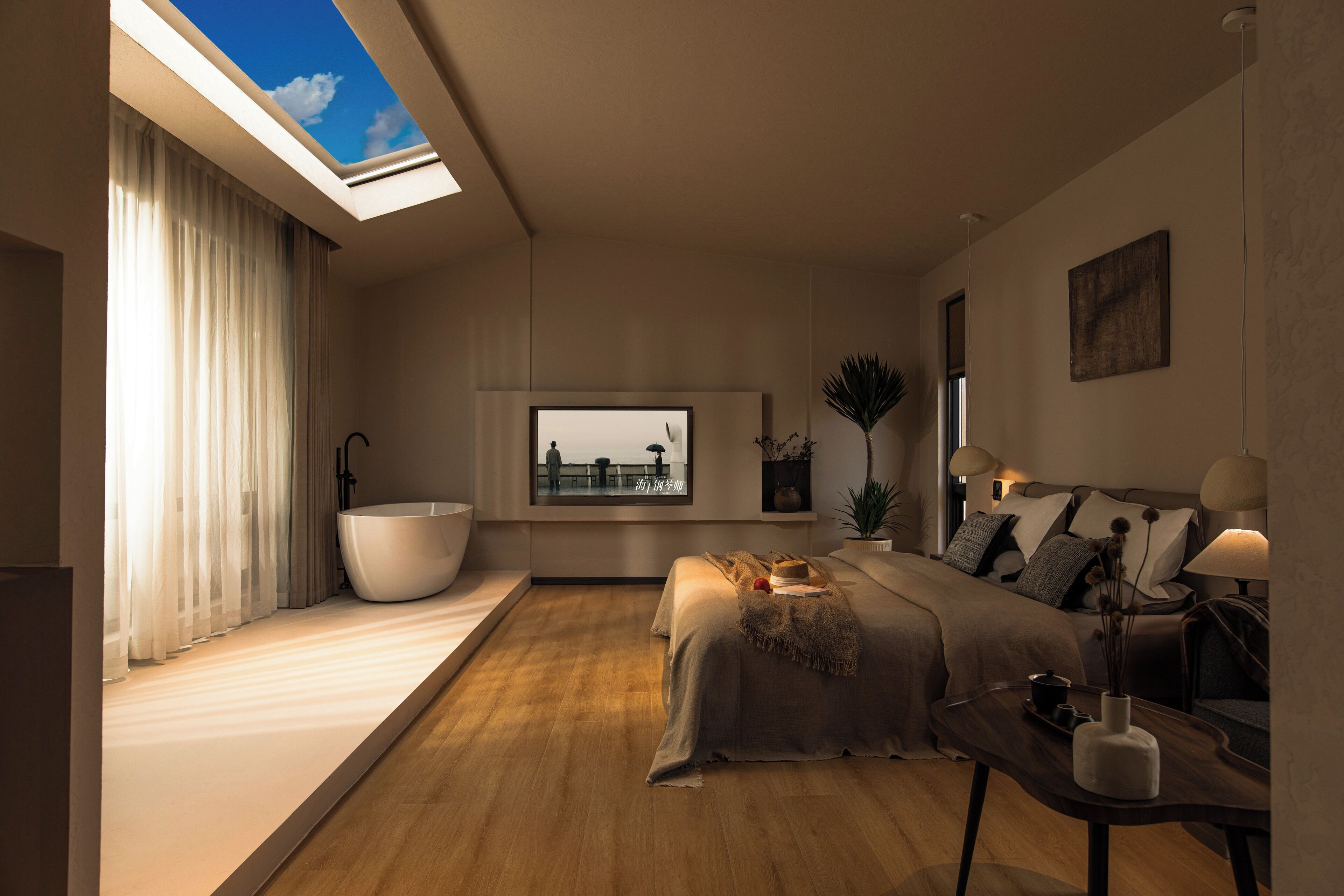 A modern bedroom with a skylight, a large bathtub, a bed with a view of the city, and a bedside table with a lamp and a vase.