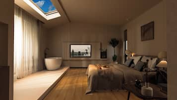 A modern bedroom with a skylight, a large bathtub, a bed with a view of the city, and a bedside table with a lamp and a vase.