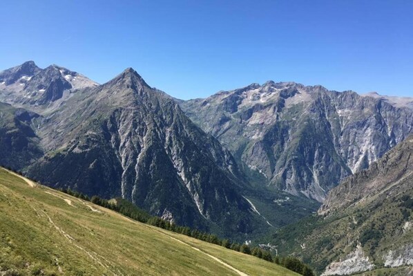 A mountainous landscape with a clear sky.