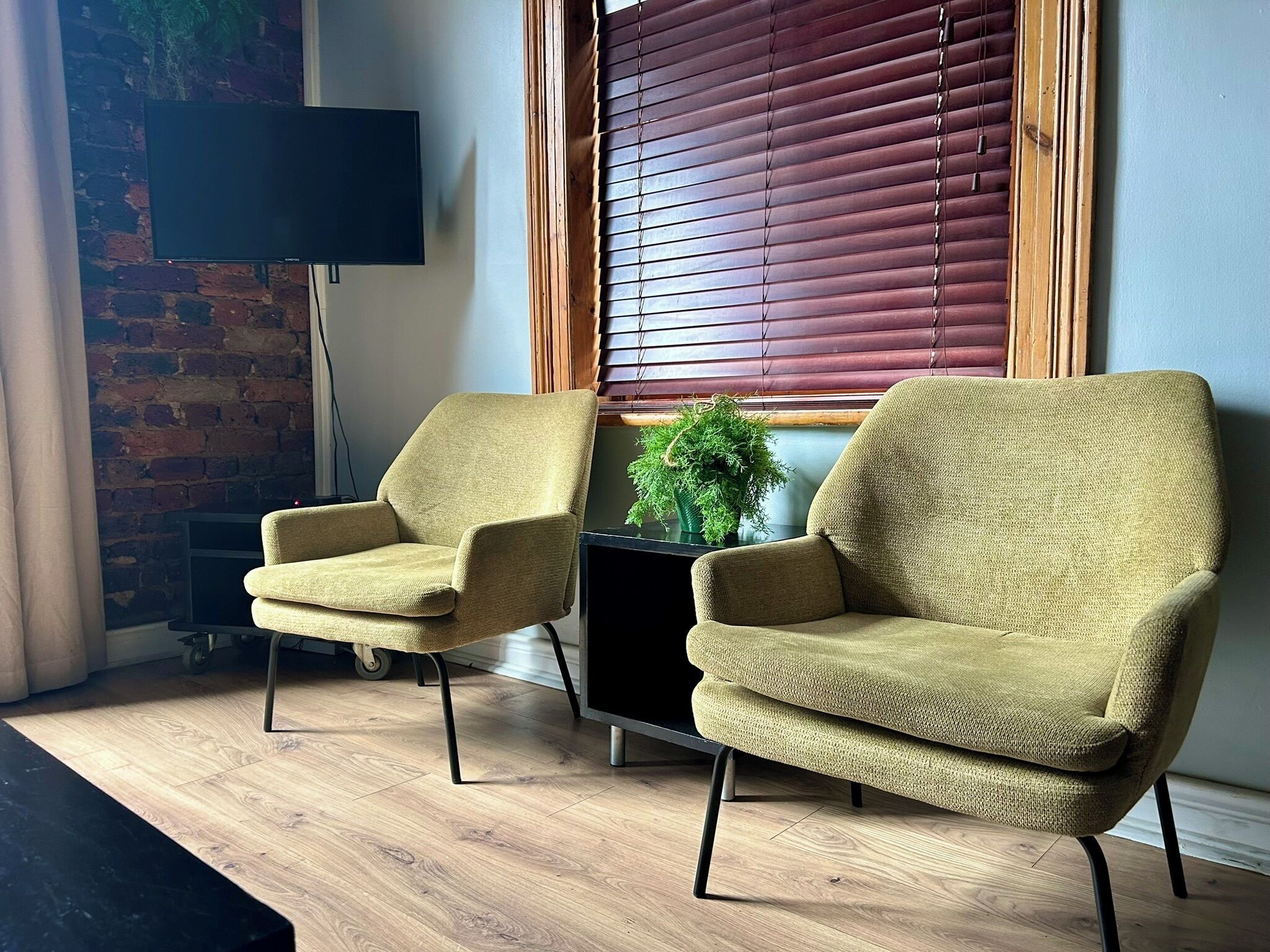 A room with two armchairs, a small table with a plant, a TV, and a brick wall.