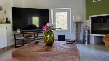 Smart TV, fireplace, table football, books