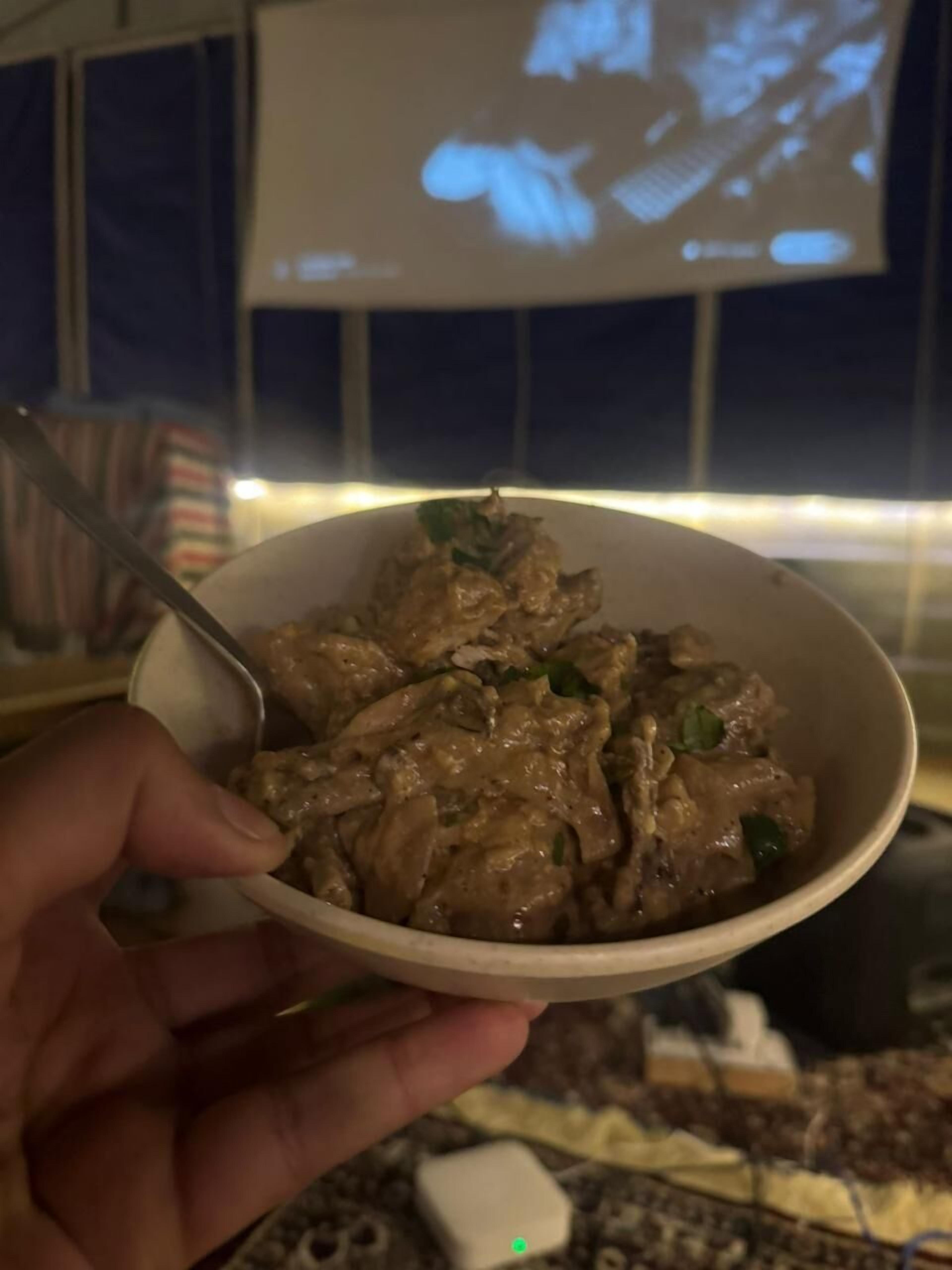 A bowl of food with a spoon, held in front of a window with a projection screen.