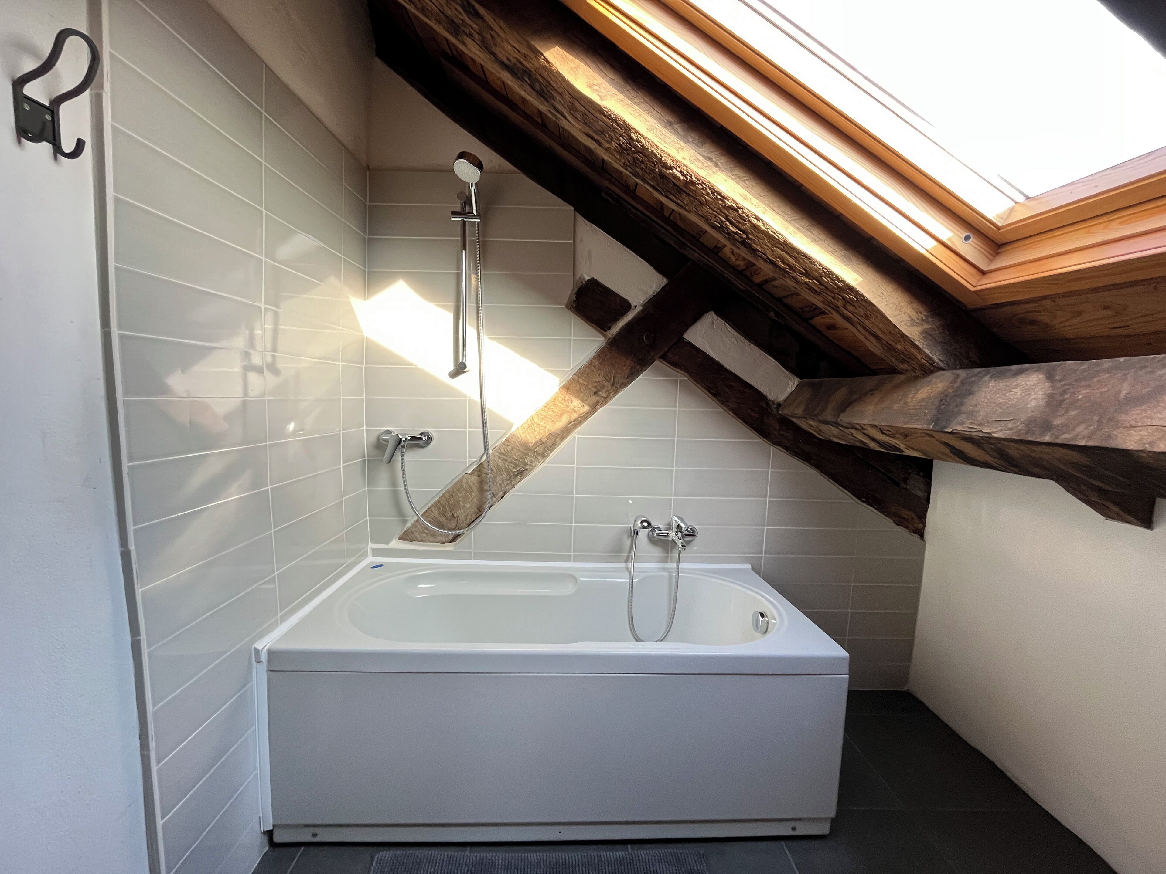 Douche, sèche-cheveux, serviettes fournies, savon