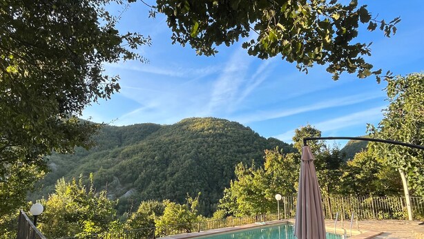 A swimming pool with a view of a forested mountain. - L'Antico Palazzo - Mansion with Pool (TOANO)