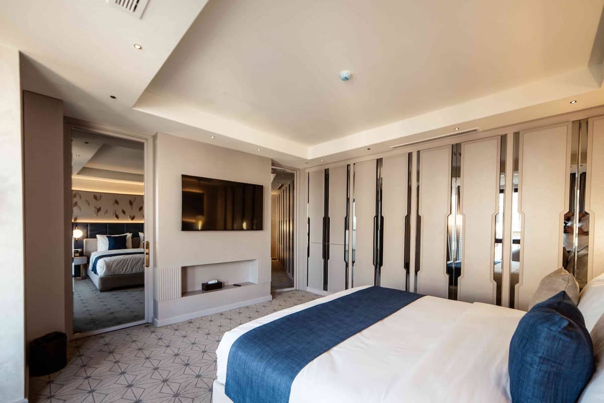 A modern hotel room with a large bed, a TV mounted on the wall, a mirror, and a wardrobe with a unique design.