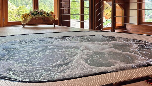 A hot tub in a wooden cabin with large windows and a view of the forest. - Dream hotel  (Staffa)