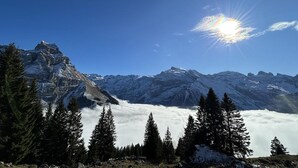 Un paysage de montagne avec des sommets enneigés, un soleil qui brille à travers les nuages et des arbres à feuilles persistantes au premier plan.