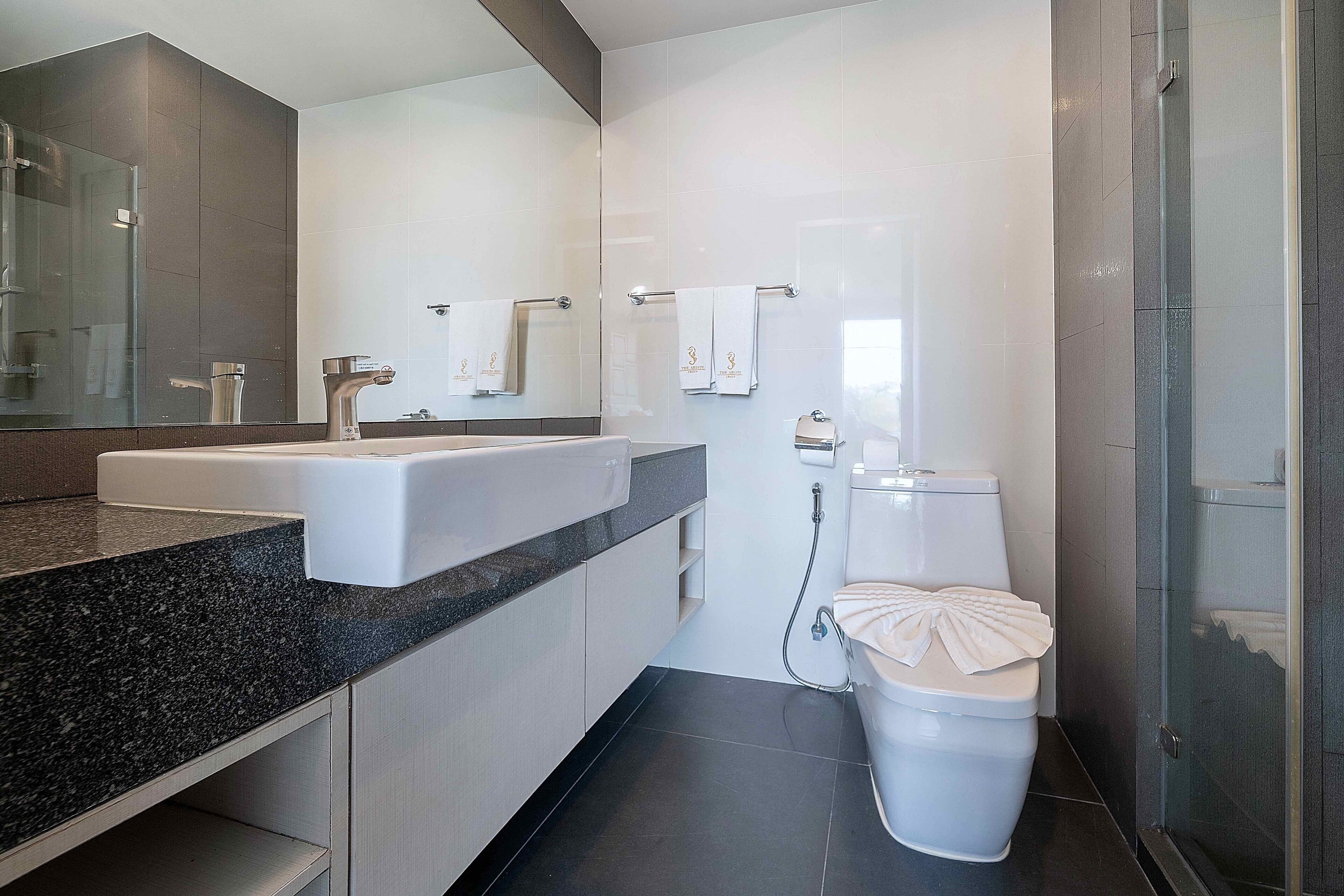 A modern bathroom with a granite countertop, a large mirror, a toilet with a towel, and a glass shower enclosure.
