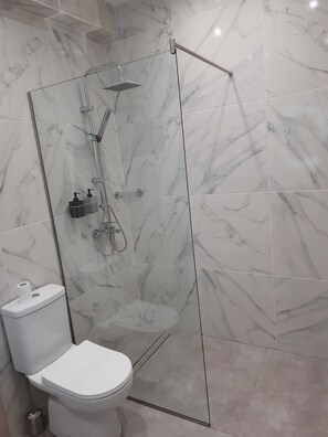 Secador de cabelo, toalhas de banho, sabonete, shampoo