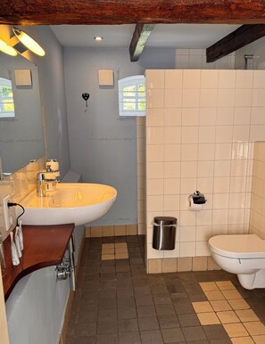 Ducha, secador de pelo, toallas, jabón