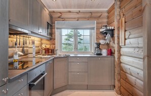 Fridge, stovetop, dishwasher, coffee/tea maker