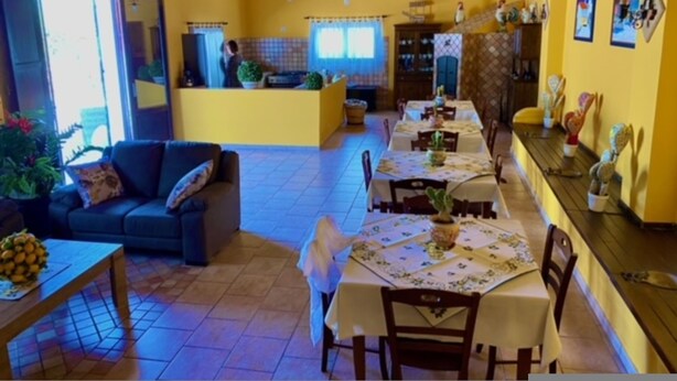 A yellow-themed interior with a dining area, a sofa, and a kitchen counter.