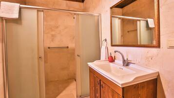 Une salle de bain avec une douche à parois de verre, un meuble-lavabo en bois et un miroir au-dessus du meuble-lavabo.