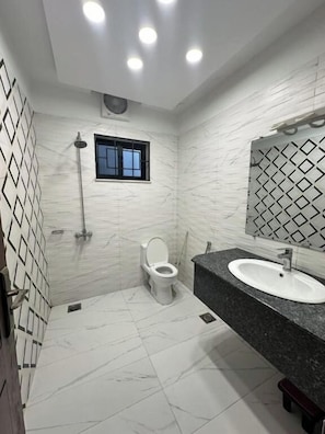 Shower, towels, soap, toilet paper