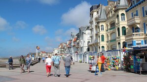 Een promenade met wandelaars, historische gebouwen en een verkoper die speelgoed verkoopt.