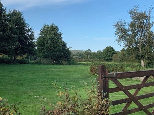 A wooden gate in a lush green field with trees in the background.