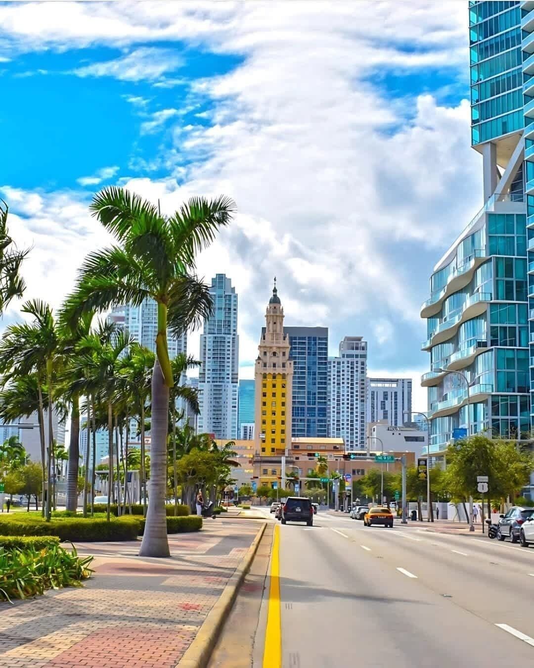 A city street with palm trees, a yellow building with a clock tower, and modern high-rise buildings.