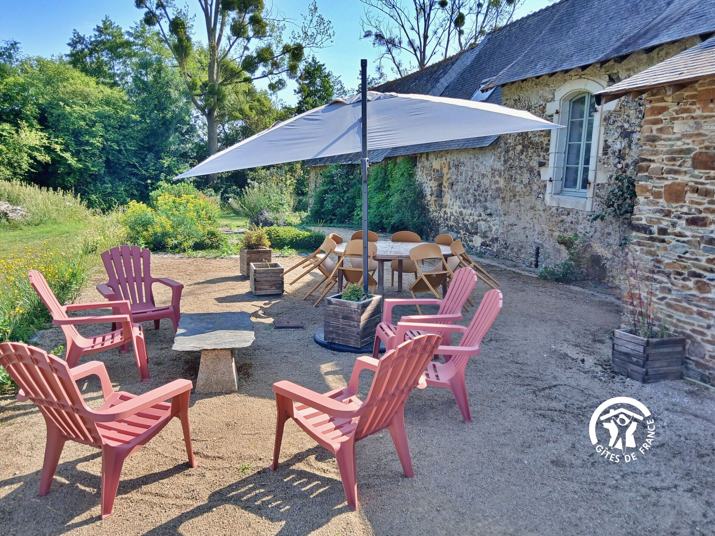 An outdoor patio with a stone table and chairs, surrounded by a garden and a stone building.
