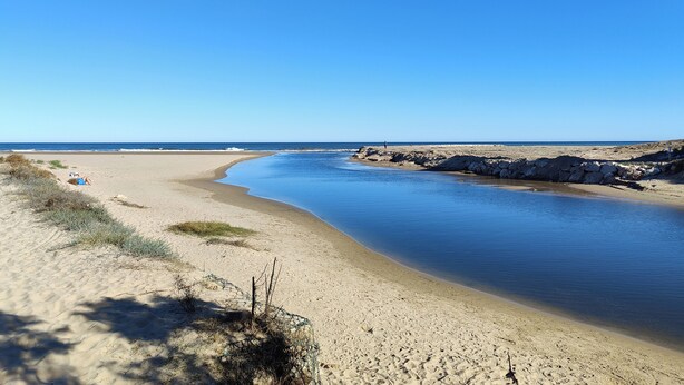 A sandy beach with calm water, clear skies, and a distant person walking.