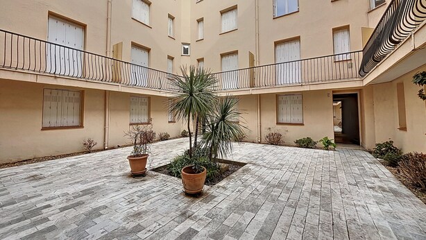 A courtyard with a central plant, potted plants, and a tiled floor. - 2-room apartment 100m from the beach, 4 people (Argelès-sur-Mer)