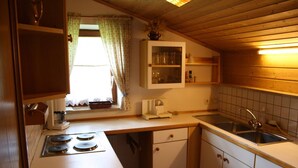 Una cucina compatta con un fornello, un lavello e pensili.