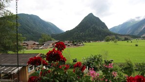 A mountainous landscape with a village and a house with a garden in the foreground.