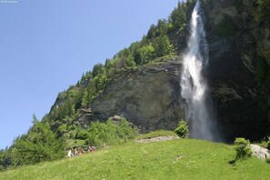 Een waterval stort neer over een rotswand, omgeven door weelderige begroeiing en een grasveld met mensen.
