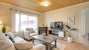 Televisión, chimenea y oficina