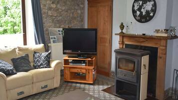 Télévision, cheminée, lecteur de DVD