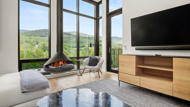 Un salon moderne doté d’un grand téléviseur, d’une cheminée, d’un canapé et offrant une vue sur un paysage boisé.
