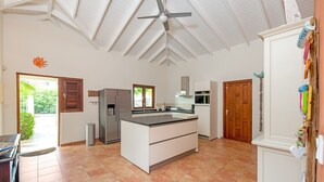 Eine geräumige Küche mit Kochinsel, weißen Schränken und Deckenventilator.