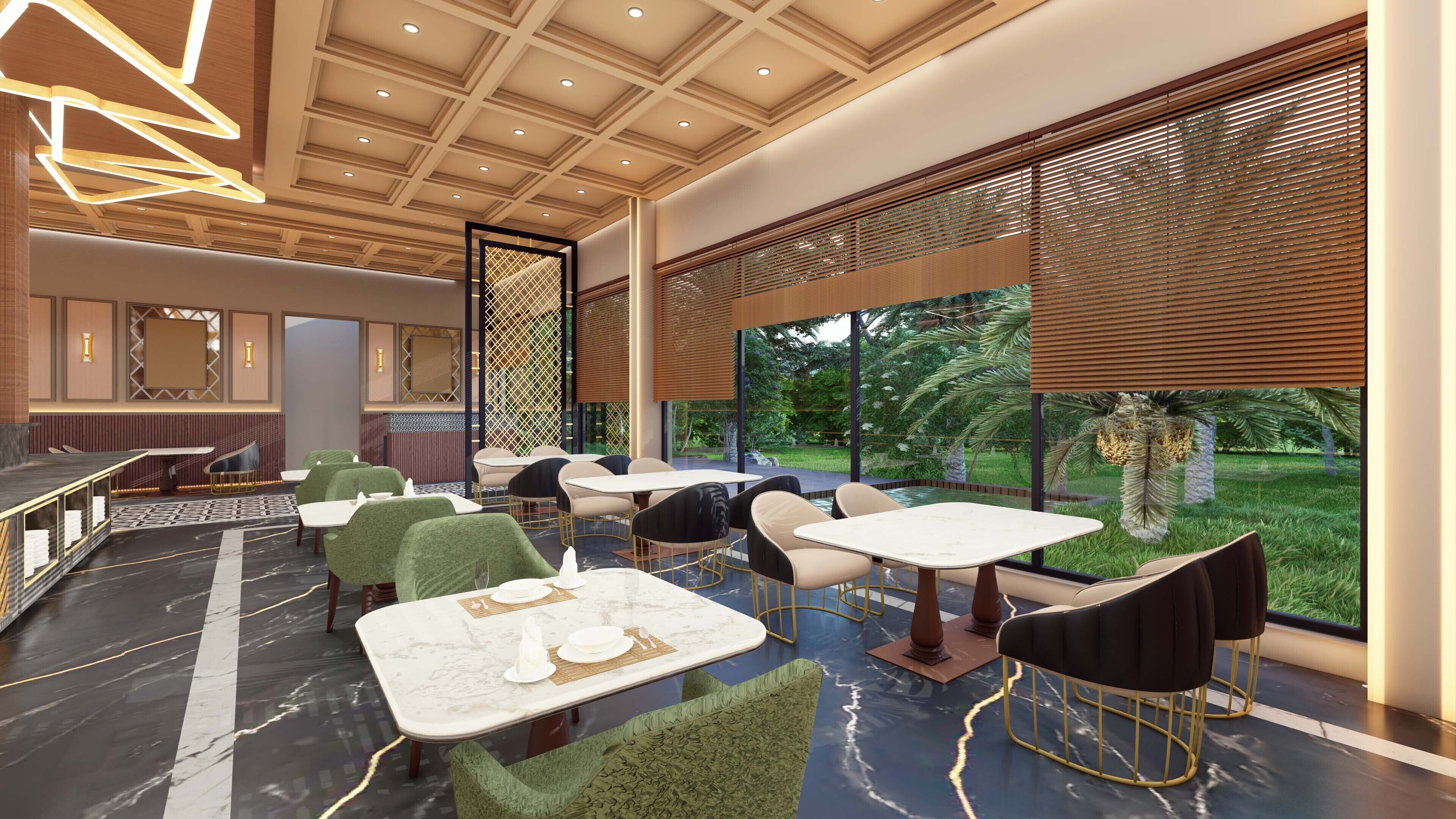 Un restaurant moderne doté d’un sol en marbre, de chaises recouvertes d’un tissu vert et noir, et de grandes fenêtres offrant une vue sur l’extérieur.