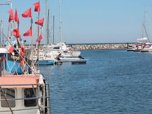 Un puerto deportivo con varias embarcaciones amarradas, incluyendo un barco azul con la inscripción 'FREMAD'.