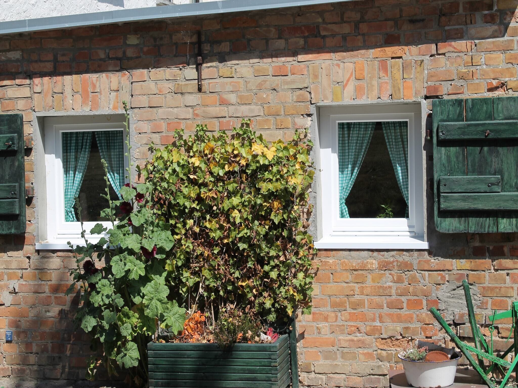 Un edificio de ladrillo con dos ventanas, cada una con contraventanas verdes y cortinas a cuadros.