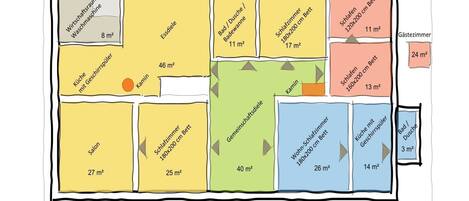 Plano de planta de un edificio que muestra varias habitaciones y zonas, incluyendo cocina, baño y espacios de estar, con dimensiones y superficies señaladas.