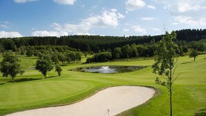 A golf course with a sand bunker, water hazard, and trees. - Holiday home in Reimboldshausen with balcony (Kirchheim/Seepark)