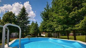 A rectangular swimming pool with a metal ladder, surrounded by trees and a grassy lawn. - Spacious and Comfortable Holiday Homes With Pool (Darlowo)